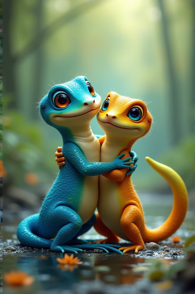 Two colorful newts, one with a blue tail and the other with a green tail, both with shiny details. They are hugging and smiling.