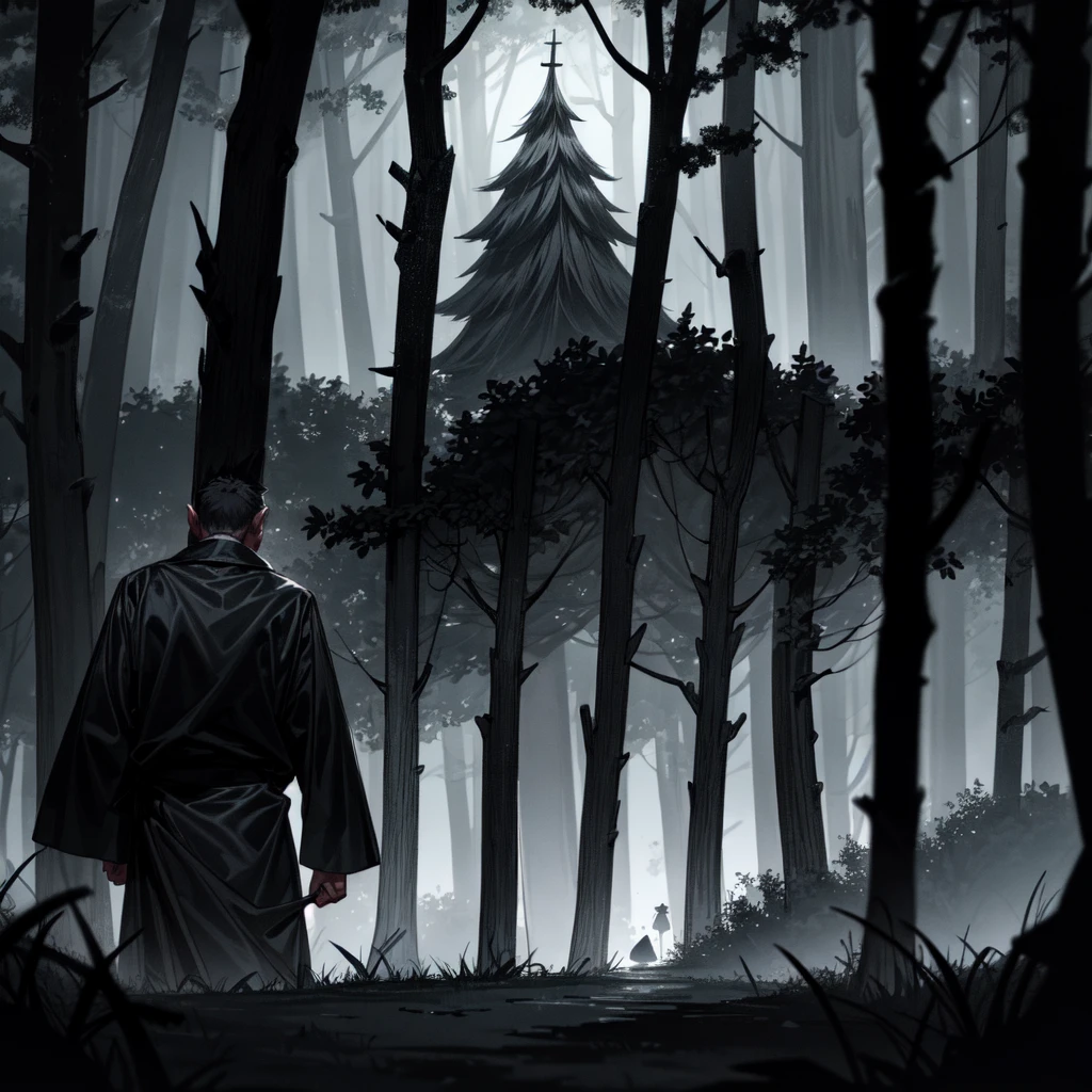 (a late night walk), (through the haunted woods), (with a menacing shadowy figure in the distance), very detailed, high quality, highres, masterpiece, best quality, 8k, intricate, detailed