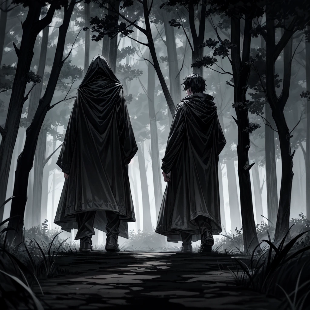 (a late night walk), (through the haunted woods), (with a menacing shadowy figure in the distance), very detailed, high quality, highres, masterpiece, best quality, 8k, intricate, detailed