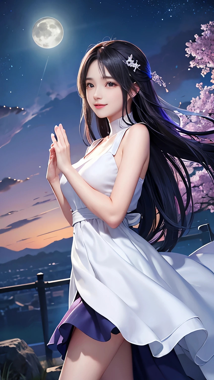 (logo、masterpiece、8k、Tabletop、RAW Photos、wonderful、最high quality、フォトリアルでVery detailedなCG合成8k壁紙、high quality、Very detailed、Narrative poem、Particle Effects、Dynamic Effects、Depth of the Boundary)What is written is、Cinematic Light、Lens flare、Ray Tracing)、Fantasy、(Purple Dress)、(night、night空、Starry Sky、full moon)、(Girl looking up at the sky)、sit、cute、Japanese style、 (smile)、Long Hair、Strong winds、(Hair blowing in the wind)、(White Dress)、Natural light、moonlight、(Horizontal photography)、(chest emphasis)、(Low position)、(Low - Angle)