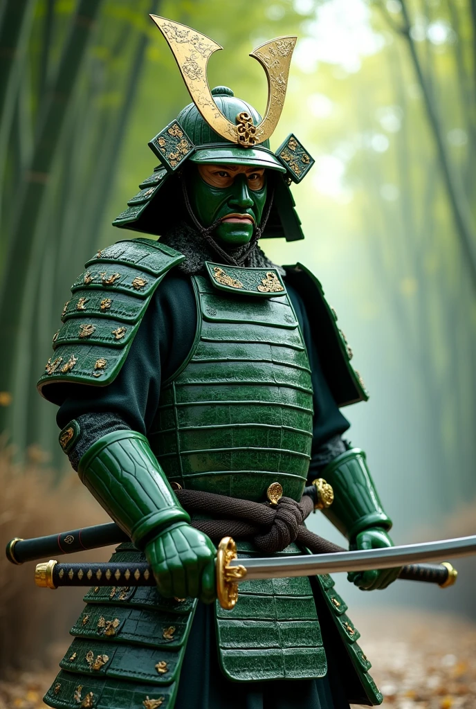 Create an image of a formidable samurai warrior standing in a combat-ready stance, wearing a highly detailed suit of armor crafted from jade. The armor is intricately carved, with polished green plates that shimmer with a natural luster, accented by gold inlays depicting traditional Japanese motifs such as dragons and cherry blossoms. The samurai's helmet, adorned with a fearsome faceplate, leaves only his intense eyes visible, radiating focus and determination. He grips a katana with both hands, its blade gleaming under the soft light of an early dawn. The background shows a misty bamboo forest, with shafts of light breaking through the trees, illuminating the warrior. The overall style is hyper-realistic, capturing every detail of the jade armor, the texture of the bamboo, and the tension in the samurai's muscles, ready to strike. The scene exudes a sense of honor, strength, and ancient tradition."