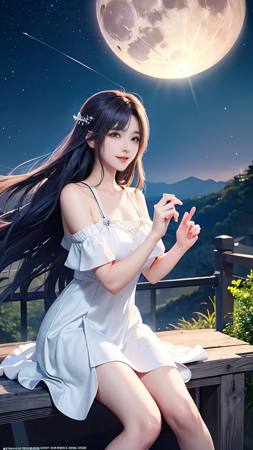 (logo、masterpiece、8k、Tabletop、RAW Photos、wonderful、最high quality、フォトリアルでVery detailedなCG合成8k壁紙、high quality、Very detailed、Narrative poem、Particle Effects、Dynamic Effects、Depth of the Boundary)What is written is、Cinematic Light、Lens flare、Ray Tracing）、Fantasy、（Purple Dress）、（night、night空、Starry Sky、full moon）、（Girl looking up at the sky）、sit、cute、Japanese style、 (smile)、Long Hair、Strong winds、(Hair blowing in the wind)、(White Dress)、Natural light、moonlight、(Horizontal photography)、(chest emphasis)、(Low position)、(Low - Angle)