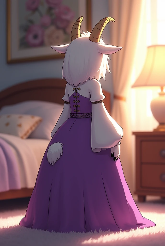 [toriel], [Undertale], [Uploaded to e621.net; (Pixelsketcher), (wamudraws), (woolrool)], ((masterpiece)), ((HD)), ((high red)), ((solo portrait)), ((low angle view)), ((back view)), ((waist up)), ((detailed fur)), ((detailed shading)), ((beautiful render art)), ((intricate details)), {anthro goat, plump figure, white fur, white nose, (short goat horns), short fluffy tail, (curvy hips), (beautiful legs), (beautiful feet), (black expression)}, {(long purple dress), (long white sleeves)}, {(squatting), (unaware of viewer), (looking away)}, [ambient lighting, bedroom, lamp table, light rays]