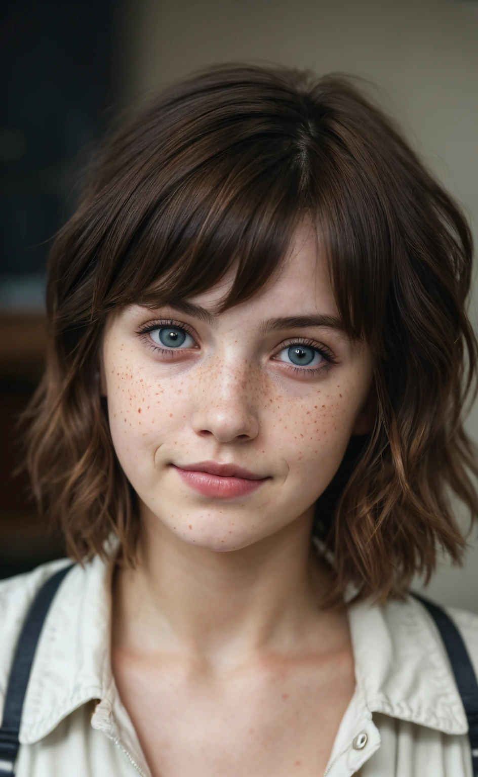 (close-up, editorial photograph of a 21 year old woman), (highly detailed face:1.4) (smile:0.7) (background inside dark, moody, private study:1.3) POV, by lee jeffries, nikon d850, film stock photograph ,4 kodak portra 400 ,camera f1.6 lens ,rich colors, hyper realistic ,lifelike texture, dramatic lighting , cinestill 800, wavy hair, messy hair, Max Caulfield haircut, short hair, Mischievous smirk, Brown hair, Blue eyes, freckles, white skin, Black Coat, White Shirt, Max Caulfield skin, Max Caulfield expression, masterpiece, Astral Plane, Life Is Strange