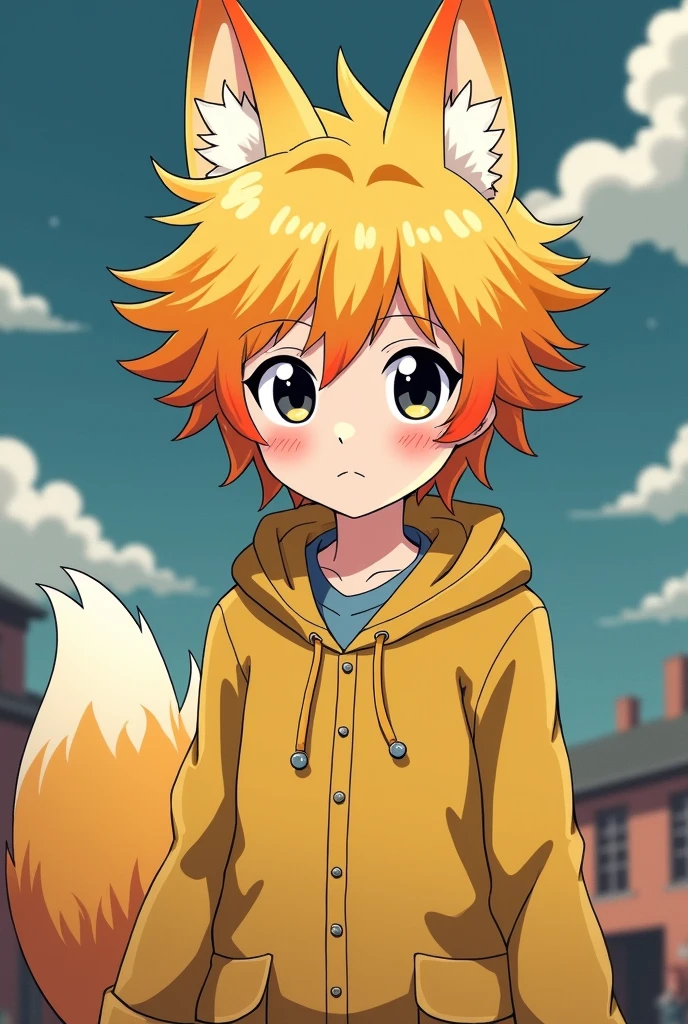 (anime style photo: Boku no Hero Academia)... A version of the little prince with yellow hair and orange tips, black eyes and slightly blushed cheeks and fox ears and tail, while presenting in class 1A