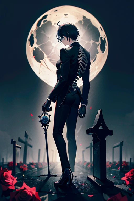 masterpiece, ccurate, anatomically correct, super detail, highres, best quality, award winning, male skeleton standing IN FRONT of 1 single grave, 1 grave alone, holding rose in hand, midnight, rain, dark sky, moonlight cast on grave, skeletong is wearing a ripped (black suit:1.3), sad expression, head down, side view, view from behind