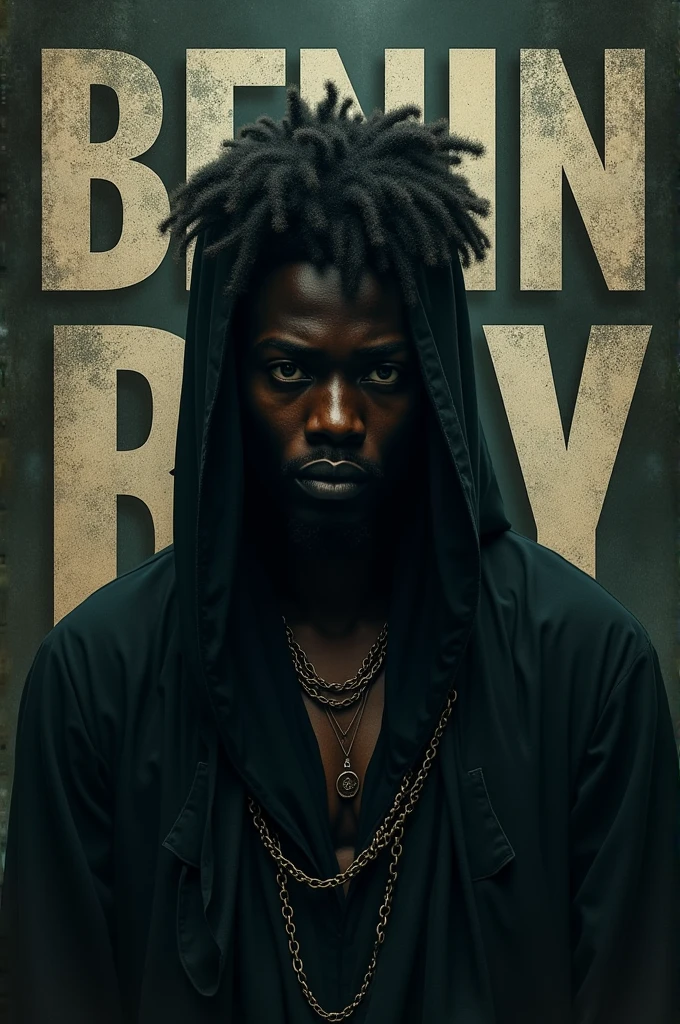 Depressed Afro male in a Dark scary outfit Music with the word Benin Boy boldly written on the Background