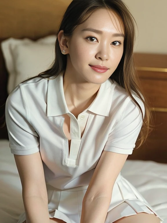 (Masterpiece, Best quality: 1.4), (Ultra realistic, Photo-realistic: 1.2), From above, From side, Sitting, Looking at viewer, Natural light, 28 years old actress, Japanese women, Neat and clean, ((Wearing white tennis uniform, White short-sleeve polo shirt with collar, Not buttoning the polo shirt, White pleated tennis skirt: 1.3)), (Wearing white sock: 1.2), (Ponytail: 1.2), (Beautiful face), Oval face, clear, Beautiful eyes, Kind eyes, Clear skin, Small face, Beautiful mouth, Small mouth, Natural makeup, Approachable, Seductive smile, (Seductive pose: 1.4), (Beautiful thighs: 1.2), (Bedroom eyes: 1.1), Embarrassed, Blush, Luxury hotel Suite room, On bed,