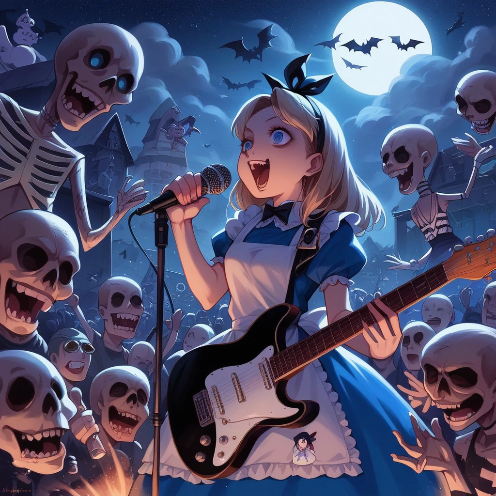 Bold brushstrokes, anime style illustration, midsummer night, crazy fun, cinematic lighting, Alice and the main characters from "Alice in Wonderland" performing a rock concert in a graveyard in the middle of the night, Alice with an electric guitar hanging from her shoulder, singing into a microphone, the dead audience cheering on.