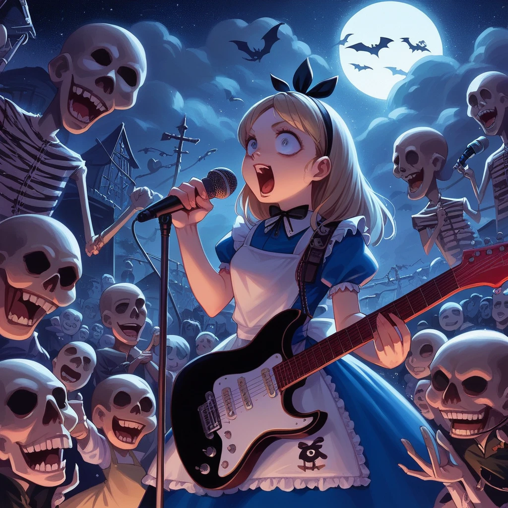 Bold brushstrokes, anime style illustration, midsummer night, crazy fun, cinematic lighting, Alice and the main characters from "Alice in Wonderland" performing a rock concert in a graveyard in the middle of the night, Alice with an electric guitar hanging from her shoulder, singing into a microphone, the dead audience cheering on.