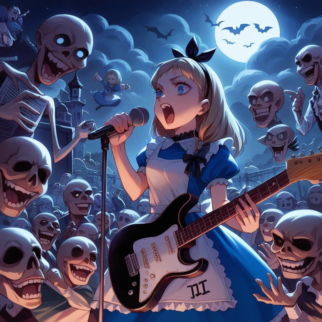 Bold brushstrokes, anime style illustration, midsummer night, crazy fun, cinematic lighting, Alice and the main characters from "Alice in Wonderland" performing a rock concert in a graveyard in the middle of the night, Alice with an electric guitar hanging from her shoulder, singing into a microphone, the dead audience cheering on.