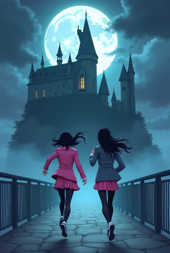Two girls, long black hairs, yuri
(The first girl wear a pink suit, white shirt, pink pencil skirt, black underpants, black tights, white socks, white sneakers)

(The second girl wore a grey suit, white shirt, grey pencil skirt, black underpants, black tights, white socks, white sneakers)

running on the foggy long bridge of the vampire castle, moon fantastic night sky, novel cartoon, 4K, HD
