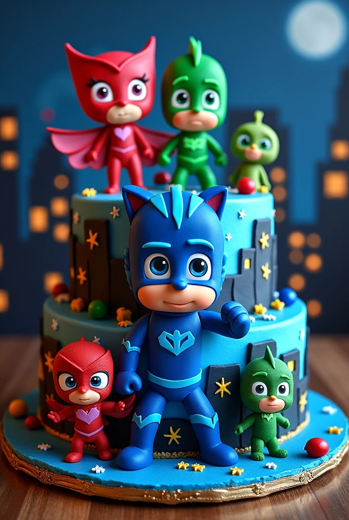 2-tier cake, with pjmask power hero theme, with all the superheroes