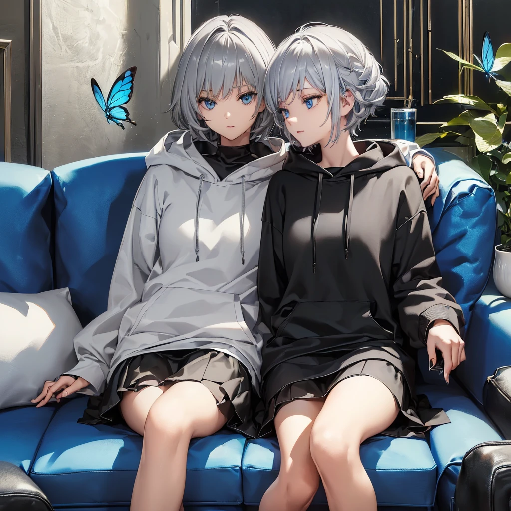 (((1 person Gray Hair Sit on the sofa Crossing your legs blue eyes))) ((High resolution short hair hoodie Black Skirt Rin々Funny face)) ((Close-up)) ((Blue butterfly Asahi Shining Aura Catch the wind Holding a cup Drink coffee)) (smile Bathed in light) Shining Background Shining Edge