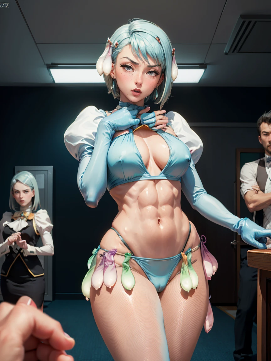 8k, ray tracing, vibrant colors, (1girl, solo), (aafranziska, light blue hair:1.5), black ascot, puffy sleeves, pencil skirt, pantyhose, black gloves, jewelry, earrings, slim figure, masterpiece, sharp focus, Best Quality, depth of field, cinematic lighting, very detailed clothes, (used condoms, condom belt, used condom belt, condom hair ornament:1.6), abs, ((so embarrassed, blush)), elbow gloves, Perfect eyes, perfect hair, Rich in details and textures, masterpiece, Best Quality, beautiful girl, Sun light, chiaroscuro, (perfect hands:0.7, Clean hands:0.7), ((((Professional photography)))), ((Dream)), Whole body