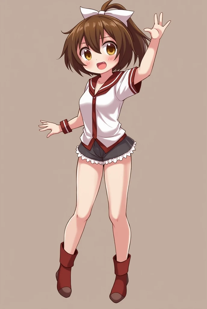 (SFW:1.5),(small breasts:1.3),beautiful, masterpiece, Highest quality, anime,(1athletic female:1.5), (alone:1.5), look at viewer, Intricate details, (Shining Eyes:1.3),(Beautifully detailed eyes:1.1),(Eyes are bright red:1.5),(short hair:1.5),(sidelocks:1.4),(Demon horns on head:1.5),(Brown Hair:1.5), (slant eyes), Cheerful eyes,(Mouth wide open and fangs:1.3),(白いパーカーdress:1.5),(Sharp focus:1.2),from front,light smile,(upper body),aggressive,(White hood:1.3),(embarrassed),heart hands,dress,