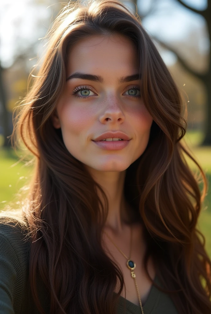 hyper realistic portrait of a young brunette, 23 years old, with long flowing brunette hair with highlights and striking blue eyes. She should have a natural, approachable expression and be lit by soft, golden light, canon eos r5, raw format, low angle selfie at Central Park