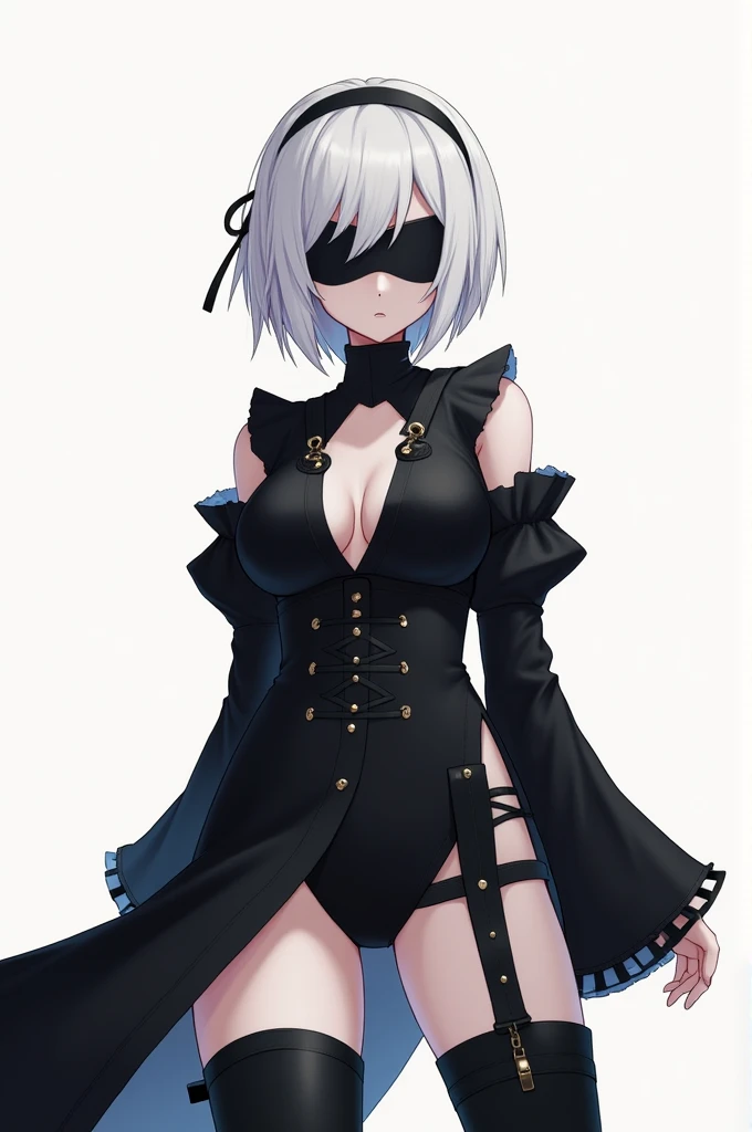 masterpiece, best quality, detailed, ((official style)), (((2B, yorha_no._2_type_b, solo))), /NieR:Automata/, ((black dress)), (white underpants), (black blindfold), (covered eyes), ((mole under mouth)), cleavage cutout, clothing cutout, side slit, thigh boots, white hair, short hair, bob, hair band.