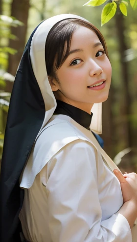 High resolution, Anatomically correct, Highest quality, Very detailed, Textured skin, One girl, Upper Body, Nuns, Chu々, 清Chu, kind, love, Cheerful, Tranquility, No makeup, Virgin Mary, Japanese, Monastery in the forest, Soft Focus, reflected light, Backlight, Overexposure, Alphonse Mucha, 