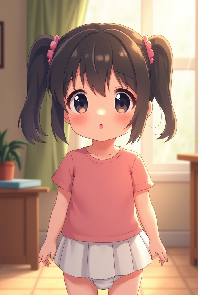 A 6-year-old girl with a cute, anime-style appearance. She has her hair styled in two-side up, with two ponytails on either side of her head. She is wearing a pink shirt and a white skirt, and underneath her skirt, she is wearing a diaper, which is slightly visible. The setting is inside a cozy home, with soft lighting that adds warmth to the scene. The overall atmosphere is innocent and tender, capturing the simplicity and charm of childhood.