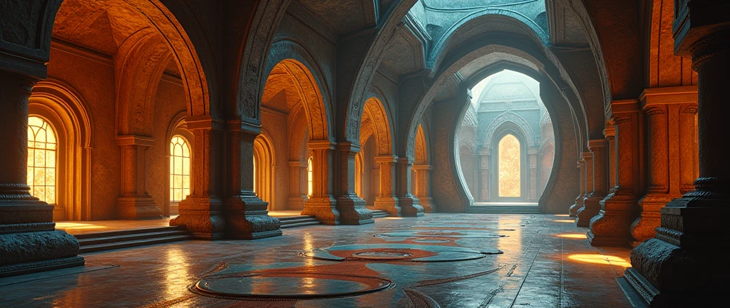futuristic castle interior, Interstellar. 8k, aurora burreal, extraterrestrial, gold on the wall