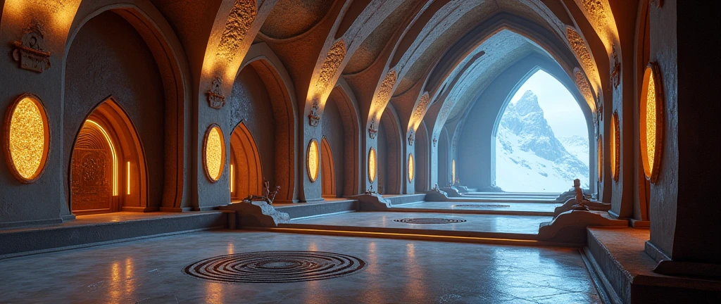 futuristic castle interior, Interstellar. 8k, aurora burreal, extraterrestrial, gold on the wall