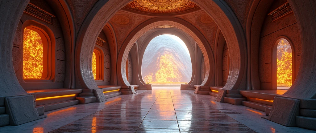 futuristic castle interior, Interstellar. 8k, aurora burreal, extraterrestrial, gold on the wall