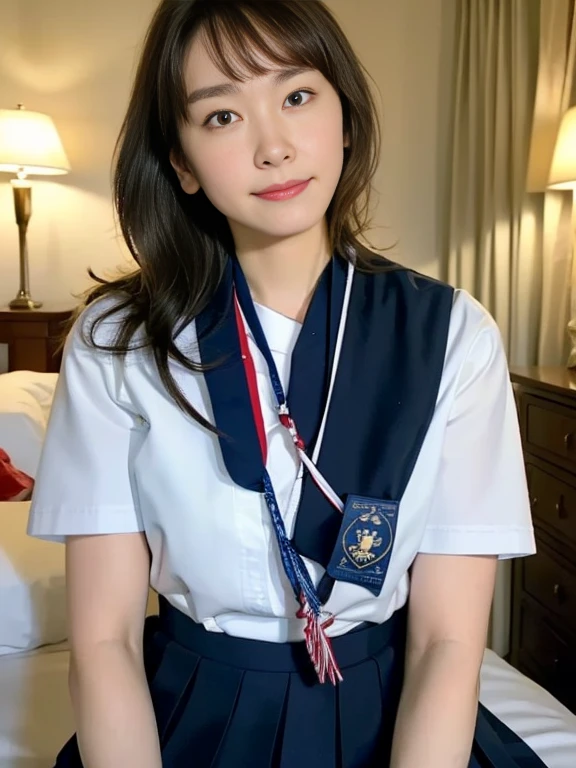 (Masterpiece, Best quality: 1.4), (Ultra realistic, Photo-realistic: 1.2), Full body, kneeling, Natural light, 25 years old actress, Japanese women, Neat and clean, (representative sailor suit:1.3), School type suit, (White short sleeve shirt, Darknavy collar:1.1), (Darknavy pleated skirt:1.3), (Darknavy necktie), Short ponytail, Short wavy hair, Light brown hair color, (Beautiful Face), Oval face, clear, (Beautiful eyes, Kind eyes), (Clear skin), Small face, (Small mouth, Beautiful mouth), Natural makeup, Approachable, Luxury hotel Suite room, On bed, Seductive smile, (Seductive pose:1.2), (Beautiful thighs:1.1), Bedroom eyes,