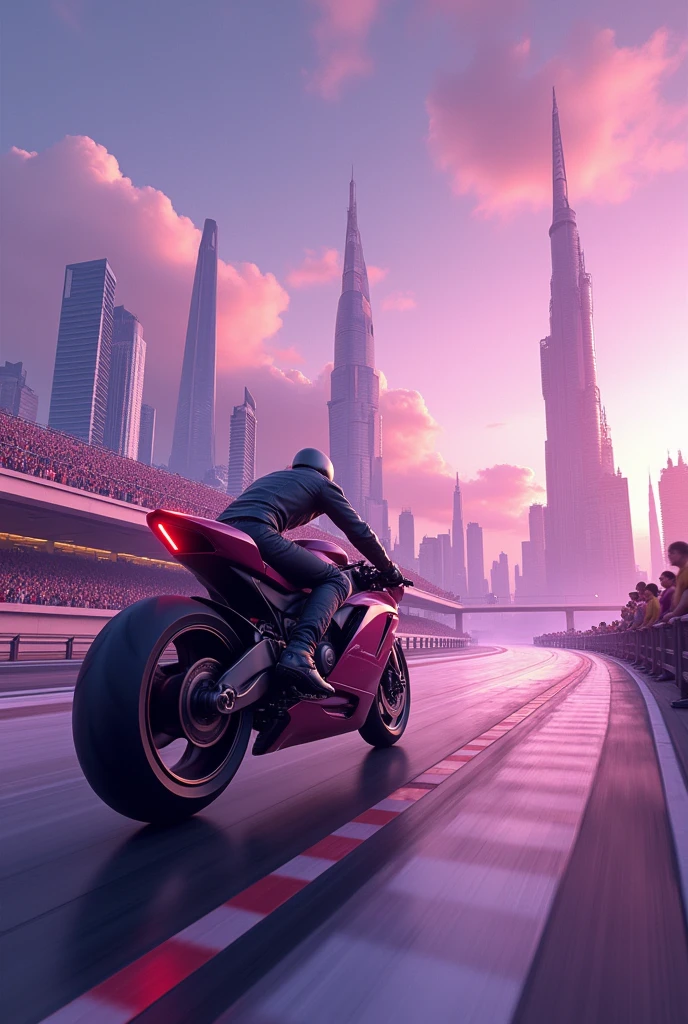 Futuristic motorcycle racing in a city with purple skies on a track in the air with stands full of people
