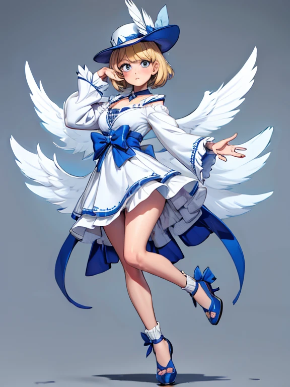 uekura, 1girl, blonde hair, white background, hat, dress, blue footwear, wings, simple background, signature, flower, nail polish, cleavage, wide sleeves, long sleeves, blush, animal, white flower, solo, full body, bird, looking at viewer, high heels, hand on own cheek, hand on own face, frills, bow, bangs, ribbon, bell, blue headwear, +_+, socks, short hair, grey eyes, shoes, blue nails, feathered wings, blue bow