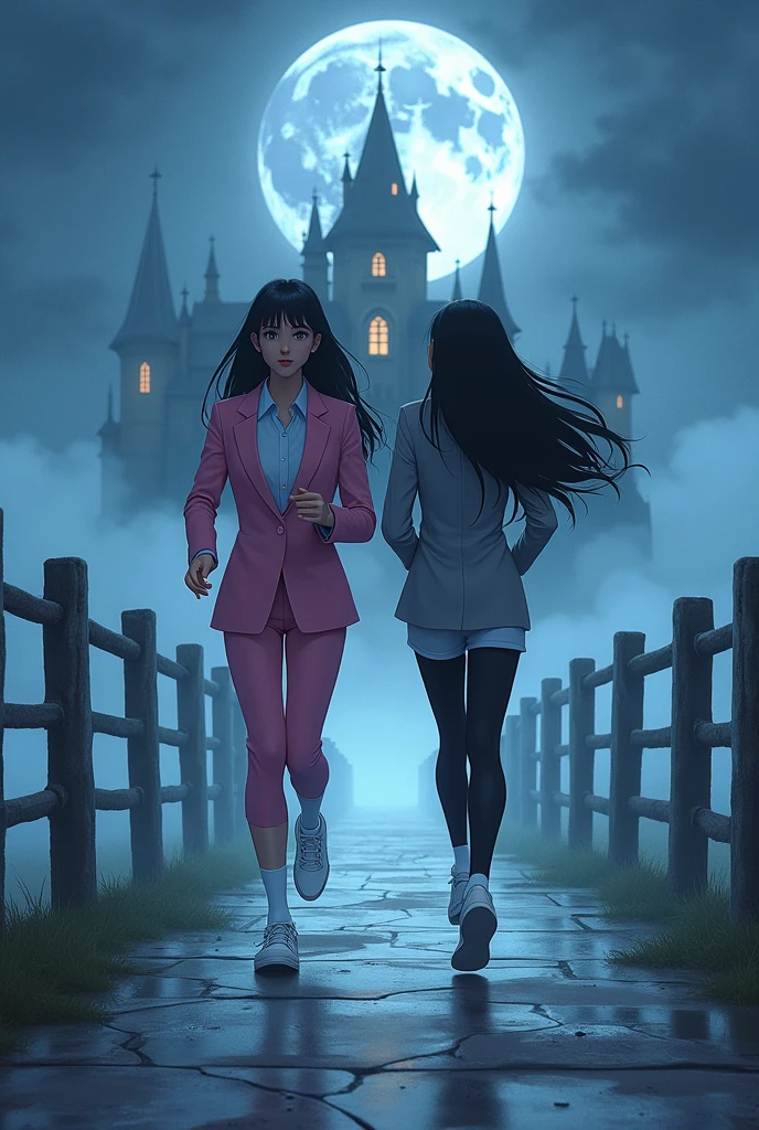 Two girls, long black hairs, yuri
(The first girl wear a pink suit, white shirt, pink pencil skirt, black underpants, black tights, white socks, white sneakers)
(The second girl wore a grey suit, white shirt, grey pencil skirt, black underpants, black tights, white socks, white sneakers)
running on the foggy long bridge of the vampire castle, moon fantastic night sky, novel cartoon, 4K, HD