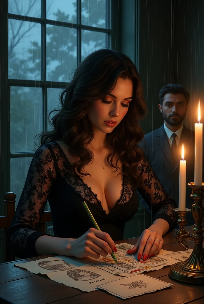 Wavy haired woman looking at Tarot by candlelight in a vintage house while it rains on a dark night, generous mouth, slightly overweight beautiful woman in a black lace dress and a man watching her from the back window. A paper on the table that says secret