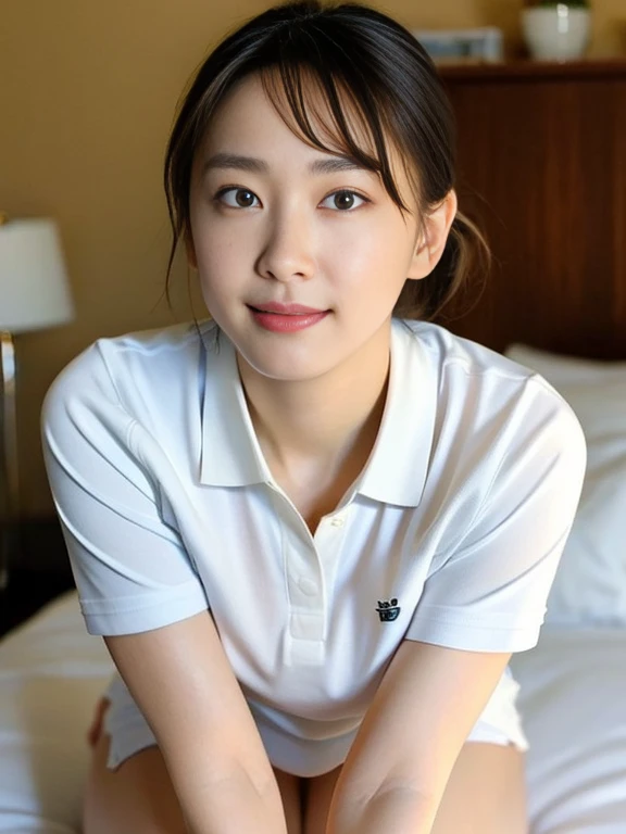 (Masterpiece, Best quality:1.4), (Ultra realistic, Photo-realistic:1.2), Full body, (kneeling:1.2), Natural light, 25 years old actress, Japanese women, (arms behind back: 1.2), Neat and clean, (White sexy tennis uniform, White short-sleeve polo shirt with darknavy line collar:1.2), (unbutton:1.3), (White tennis skirt:1.2), (Short wavy ponytail:1.2), Short wavy hair, Light brown hair color, (Beautiful Face), Oval face, clear, (Beautiful eyes, Kind eyes), (Clear skin), Small face, (Small mouth, Beautiful mouth), Natural makeup, Approachable, Luxury hotel Suite room, On bed, (nsfw:1.2), Seductive smile, (Seductive pose:1.2), (Beautiful thighs:1.1), Bedroom eyes,