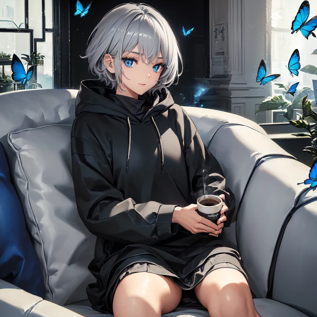 (((1 person Gray Hair Sit on the sofa Crossing your legs blue eyes))) ((High resolution short hair hoodie Black Skirt Rin々Funny face)) ((Close-up)) ((Blue butterfly Asahi Shining Aura Catch the wind Holding a cup Drink coffee)) (smile Bathed in light) Shining Background Shining Edge