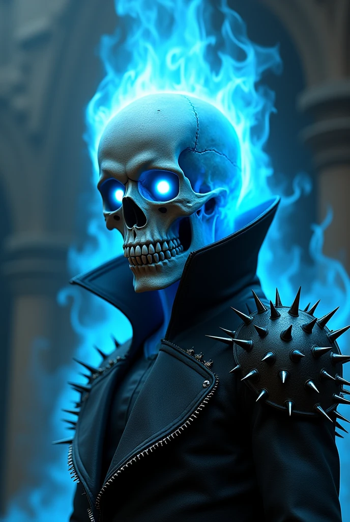 Appearance: A skull engulfed in blue flames, with eyes glowing cyan, wearing a black leather suit with metallic spikes.
vestimentas: Black leather jacket reinforced with metal plates on shoulders and arms, adorned with sharp thorns.
Body style: Athletic and slim, with defined muscles and a firm posture, radiating strength and agility.