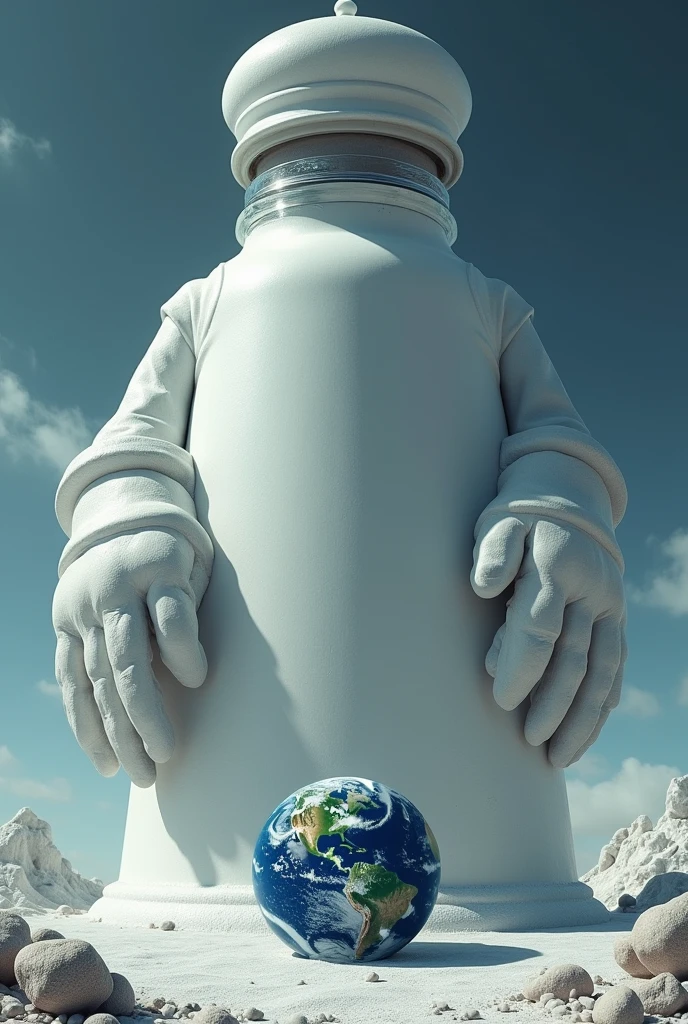 Une salière qui domine la planète terre avec deux gros gants blanc