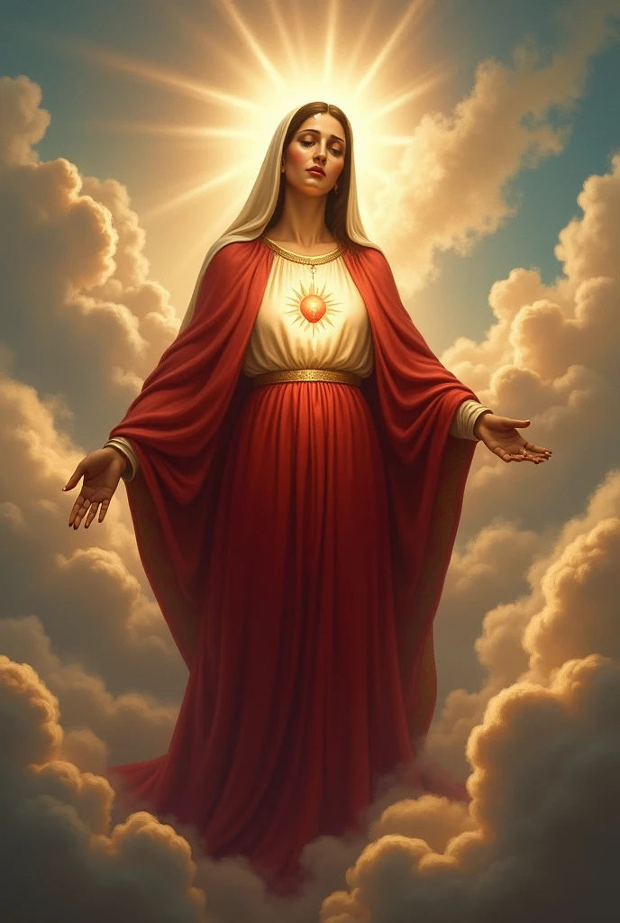 (photorealism:1.2), beautiful virgin Mary with tears in her eyes while praying in the clouds, wearing red queen clothes with light in his head and heart spreading all over in the clouds, perfect virgin Mary, real virgin Mary, perfect five hands, perfect tears face, elegant, soft lighting, many clouds, stand straight, realistic, intricate details, warm colors,