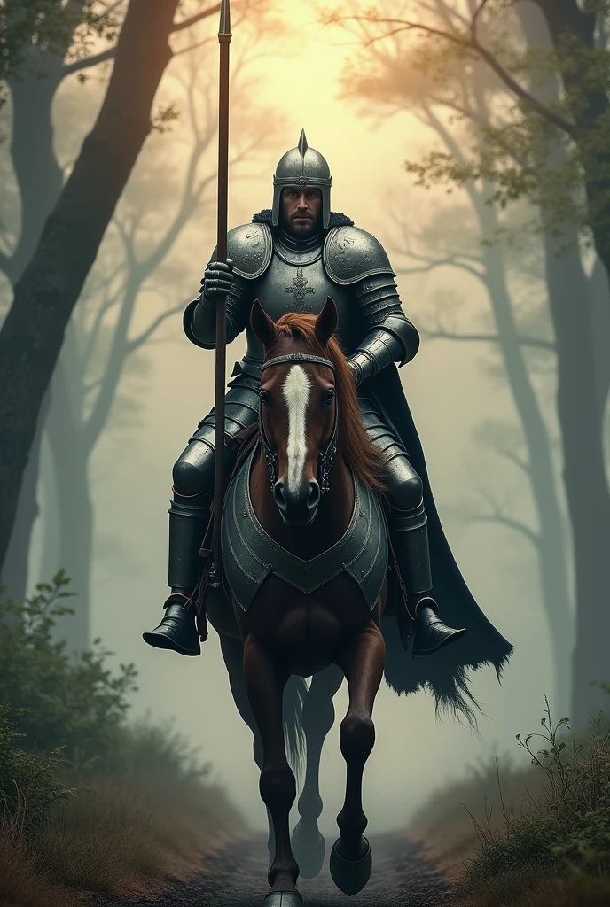 Create an image of a medieval warrior riding a powerful warhorse, trotting through a misty forest path at dawn. The warrior is clad in full plate armor, with a steel helmet that reveals only his determined gaze. His armor is worn but polished, with a family crest emblazoned on the chest plate. He carries a lance in one hand, resting it against his shoulder, while a longsword is sheathed at his side. The warhorse, a massive and muscular steed, is adorned with protective barding that matches the knight's armor, complete with ornate designs. The horse’s mane flows as it trots steadily, exuding strength and loyalty. The forest around them is dense, with tall, ancient trees and a soft fog that blankets the ground, creating a mystical atmosphere. The scene is realistic, capturing the movement of the horse and the focused, vigilant demeanor of the warrior, ready for whatever lies ahead on his journey."