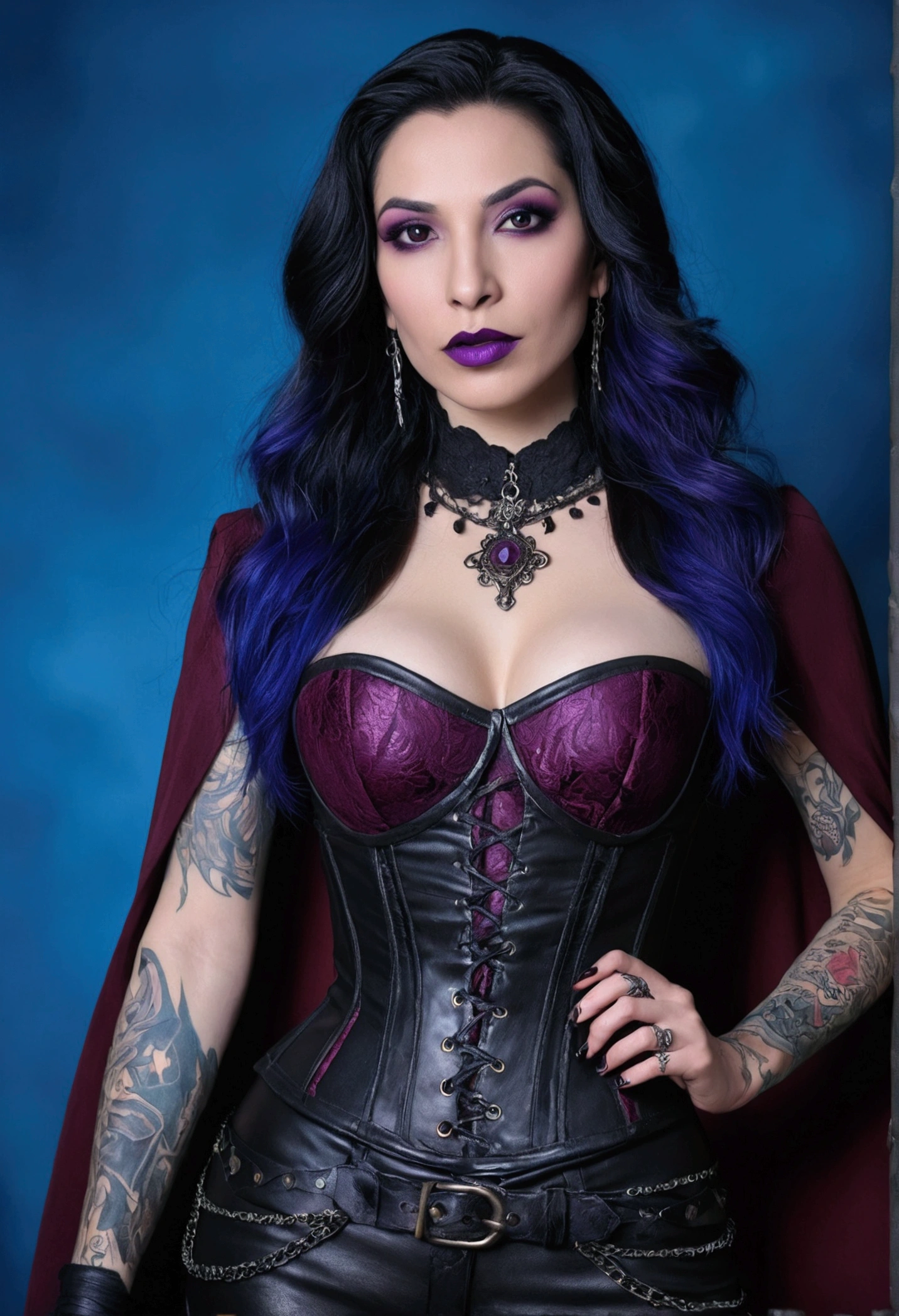arafed woman with purple lipstick and a blue background, liliana vesahira khan-elena guro-carmilla vampire merged, entire body visible, d&d wizard, sorceress, vampire, mage, dark witch, wearing tight leather pants with a maroon lace corset top, gothic make-up, tattoos, skin and pores