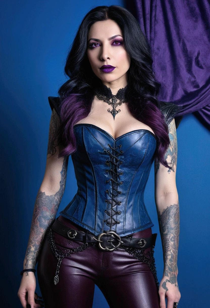 arafed woman with purple lipstick and a blue background, liliana vesahira khan-elena guro-carmilla vampire merged, entire body visible, d&d wizard, sorceress, vampire, mage, dark witch, wearing tight leather pants with a maroon lace corset top, gothic make-up, tattoos, skin and pores