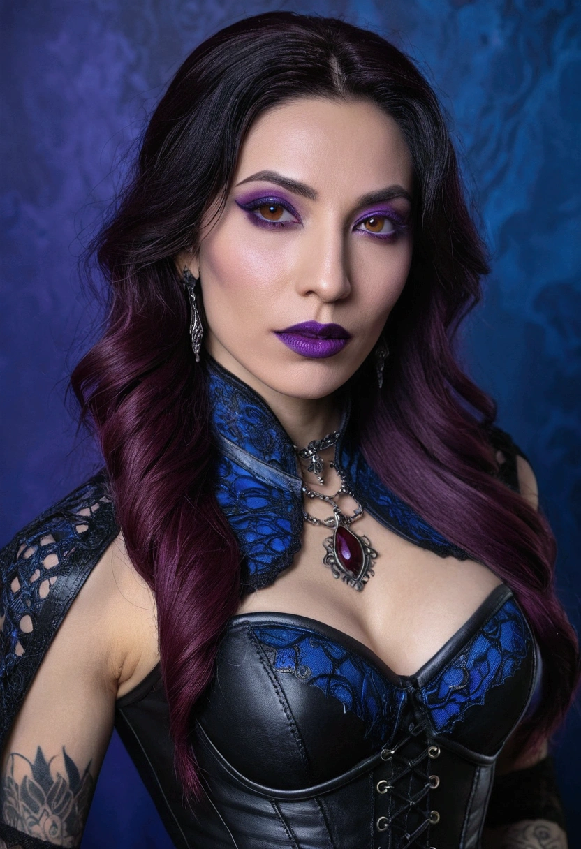 arafed woman with purple lipstick and a blue background, liliana vesahira khan-elena guro-carmilla vampire merged, entire body visible, d&d wizard, sorceress, vampire, mage, dark witch, wearing tight leather pants with a maroon lace corset top, gothic make-up, tattoos, skin and pores