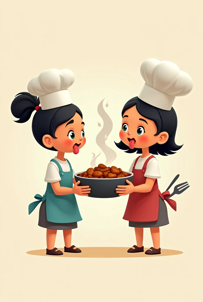 two skinny cartoon dolls next to each other with a bowl of feijoada in their hands and their tongues hanging out thirsty and the other with cutlery in their hands waiting to eat, The characters should be dressed in chef's clothing, image without background, simple vectorized dolls