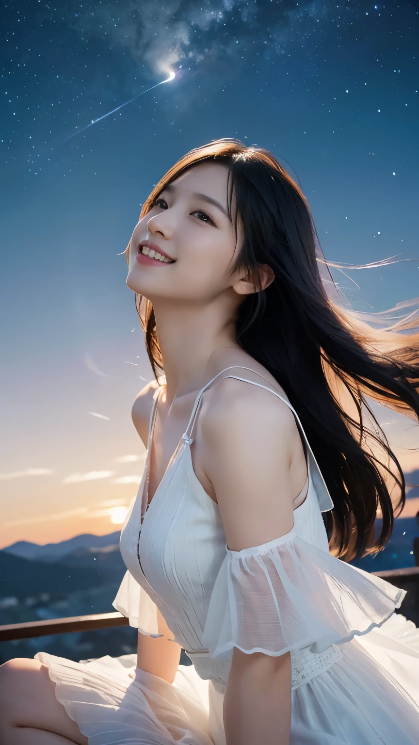(logo、masterpiece、8k、Tabletop、RAW Photos、wonderful、最high quality、Photorealistic and very detailed CG composite 8k wallpaper、high quality、Very detailed、Narrative poem、Particle Effects、Dynamic Effects、Depth of the Boundary)What is written is、Cinematic Light、Lens flare、Ray Tracing)、Fantasy、(night、night空、Starry Sky、full moon)、(Girl looking up at the sky)、sit、 cute、Japanese、(smile)、Long black hair、Strong winds、(Hair blowing in the wind)、(White Dress)、Natural light、moonlight、(Landscape photography)、(Bust up shot)、(Low position)、(Low Angle)