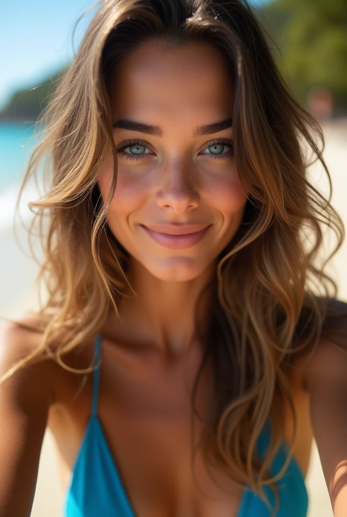 hyper realistic portrait of a young brunette, 23 years old, with long flowing brunette hair with highlights and striking blue eyes. She should have a natural, approachable expression and be lit by soft, golden light, canon eos r5, raw format, high angle selfie. Blue bikini at Mexican resort