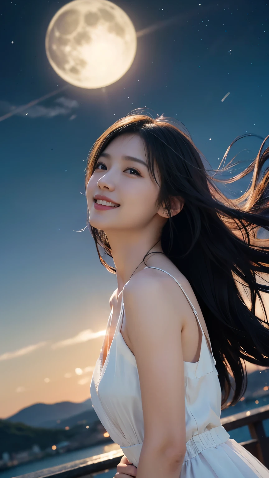 (logo、masterpiece、8k、Tabletop、RAW Photos、wonderful、最high quality、フォトリアルでVery detailedなCG合成8k壁紙、high quality、Very detailed、Narrative poem、Particle Effects、Dynamic Effects、Depth of the Boundary)What is written is、Cinematic Light、Lens flare、Ray Tracing)、Fantasy、(Purple Dress)、(night、night空、Starry Sky、full moon)、(Girl looking up at the sky)、sit、cute、Japanese style、 (smile)、Long Hair、Strong winds、(Hair blowing in the wind)、(White Dress)、Natural light、moonlight、(Horizontal photography)、(chest emphasis)、(Low position)、(Low - Angle)