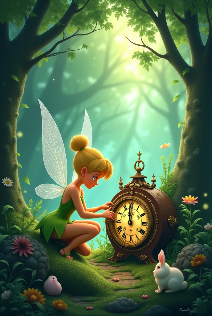 Create different wallpapers in Tinkerbell theme, with moss green colors, pastel green, greenish blue and dark blue for the sky. Also add sleeping animals in the background, the character Tinkerbell fixing a clock and a quote from Captain Hook in a thought bubble