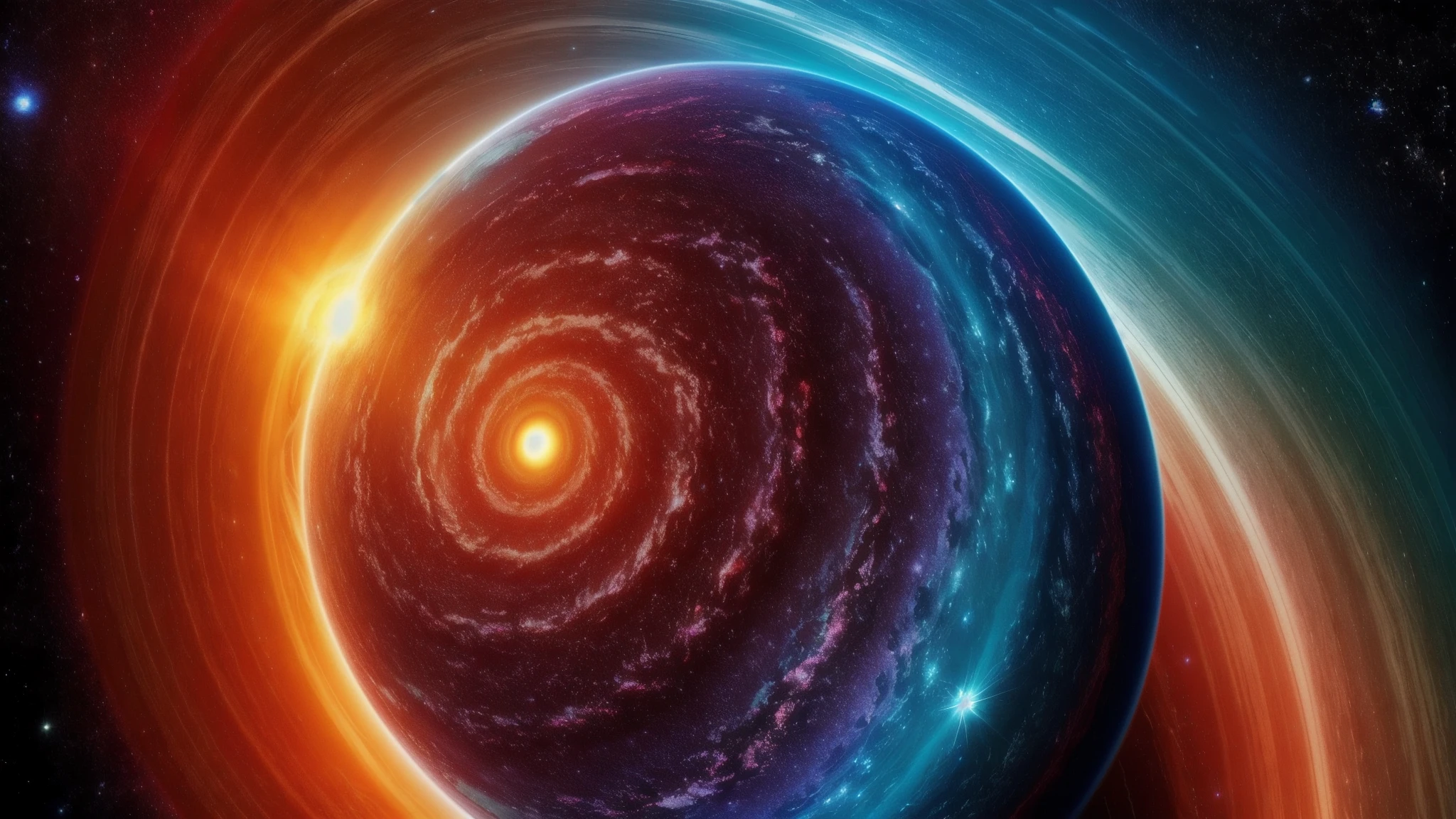 Deep in the universe, a giant colored planet is tumbling. The surface of the planet emits dazzling light and attractive colors such as red, green, blue, etc. They intertwine to form beautiful patterns, as if the entire universe is immersed in endless splendor. 32K UHD