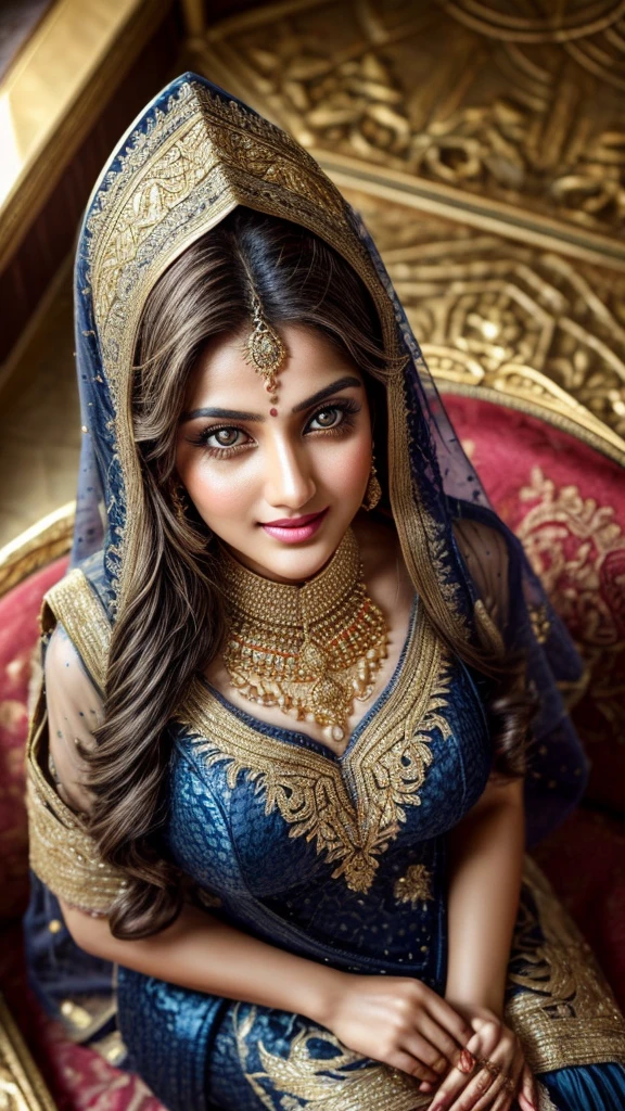 Shot from above, Extremely detailed, women, elven, Pakistani women, bride, beautiful body, wearing traditional (navy blue and golden), beautiful huge size breast, beautiful face, extremely detailed greenish gray eyes, lowering gaze, light pink lips, open mouth smile, golden brown skin, sitting on bench, luxury interior