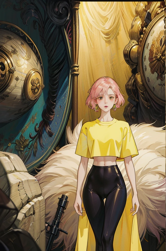 a gorgeous girl walking, stunning scenery, the girl is wearing tight leggings and crop top, the girl is 20 years old her eyes are hazel, she has a beautiful face, her upper body is narrow and lower body is well built and wide, realistic body proportions, 2d manhwa style, vibrant, chiaro scuro, golden ratio, elements of randomness that enhances the image's visuals, dslr camera effect blur in background, random elements in image that make it beautiful, masterpiece, complexly detailed image, complex detailed lighting and colors, aesthetic, cozy vibe, warm tone colors with a mixture of cold tone colors in background,