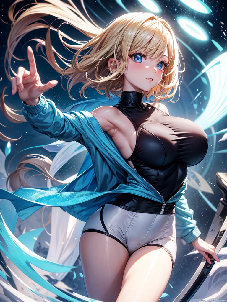 Anime style, super fine illustration, highly detailed, beautiful detailed, pale tone image, static representation, gentle expression, 8k, pretty 1girl with blonde straight short hair & blue eyes & a bright smile & huge breasts & soft fair skin is wearing the black skportswear & sportshorts & sportsjaket in the park, in the morning, in the brilliant particles of lights, romantic stories, solo, perfect 5fingers, perfect arms, perfect legs, masterpiece.